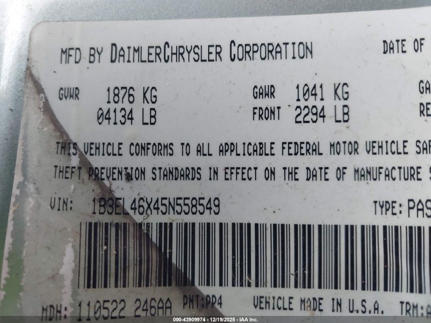 2005 Dodge Stratus Sxt VIN: 1B3EL46X45N558549 Lot: 43909974