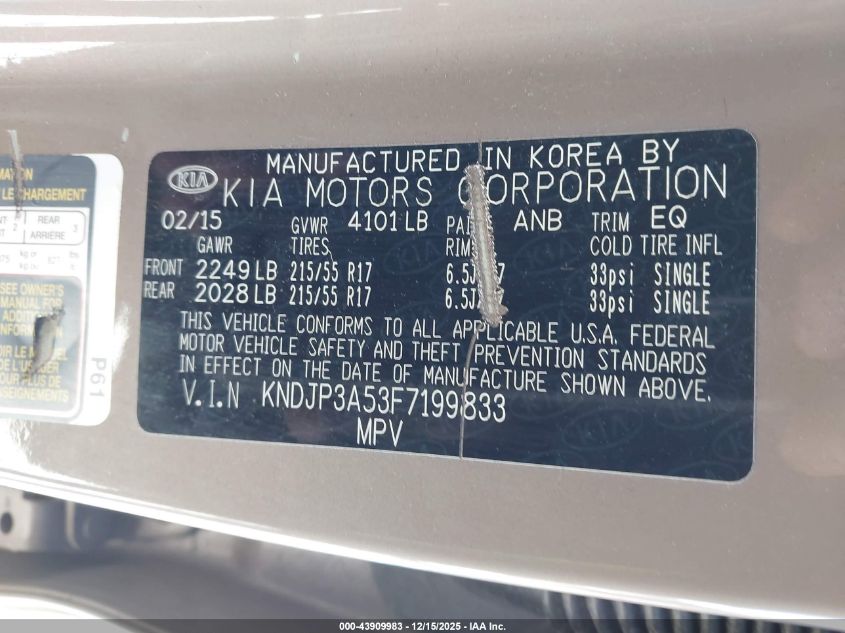 2015 Kia Soul + VIN: KNDJP3A53F7199833 Lot: 43909983
