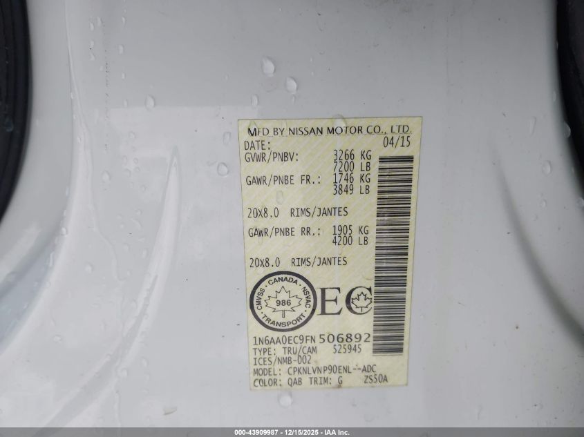 2015 Nissan Titan Pro-4X/S/Sl/Sv VIN: 1N6AA0EC9FN506892 Lot: 43909987