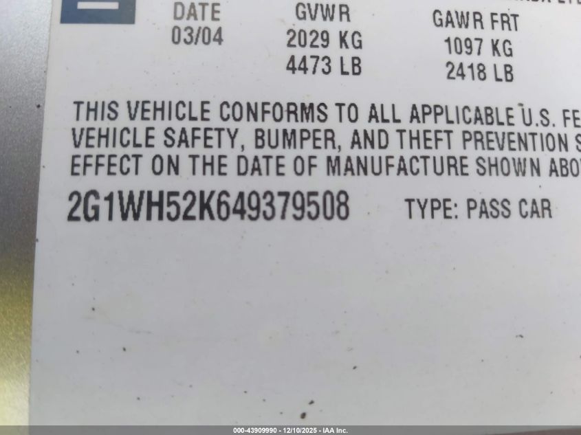 2004 Chevrolet Impala Ls VIN: 2G1WH52K649379508 Lot: 43909990