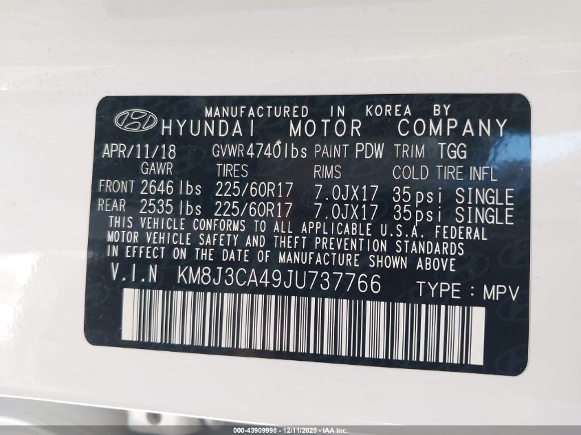 2018 Hyundai Tucson Sel VIN: KM8J3CA49JU737766 Lot: 43909998