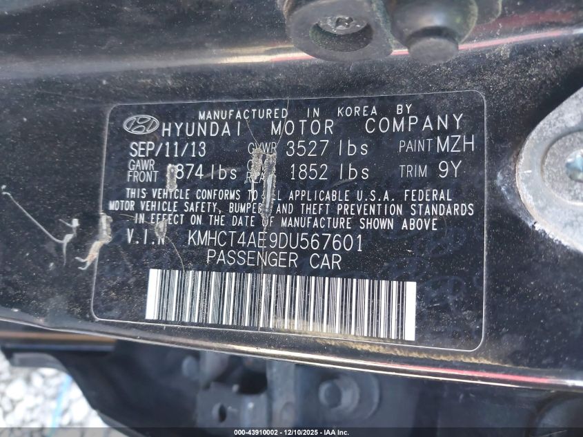 2013 Hyundai Accent Gls VIN: KMHCT4AE9DU567601 Lot: 43910002
