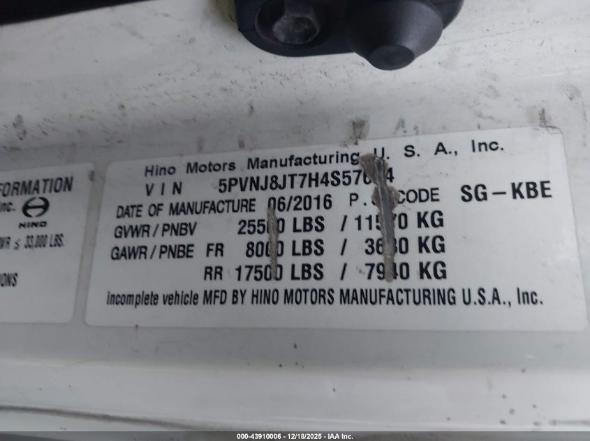 2017 Hino 258/268 VIN: 5PVNJ8JT7H4S57624 Lot: 43910006
