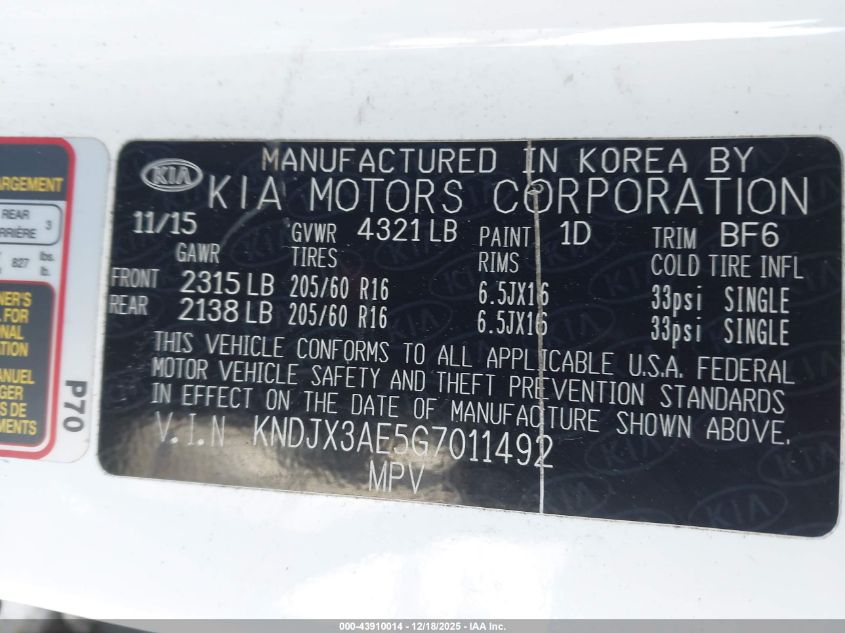 2016 Kia Soul Ev + VIN: KNDJX3AE5G7011492 Lot: 43910014