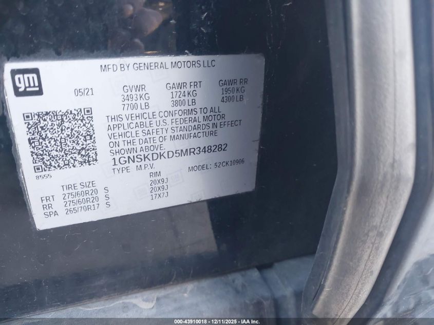 2021 Chevrolet Suburban 4Wd Z71 VIN: 1GNSKDKD5MR348282 Lot: 43910018