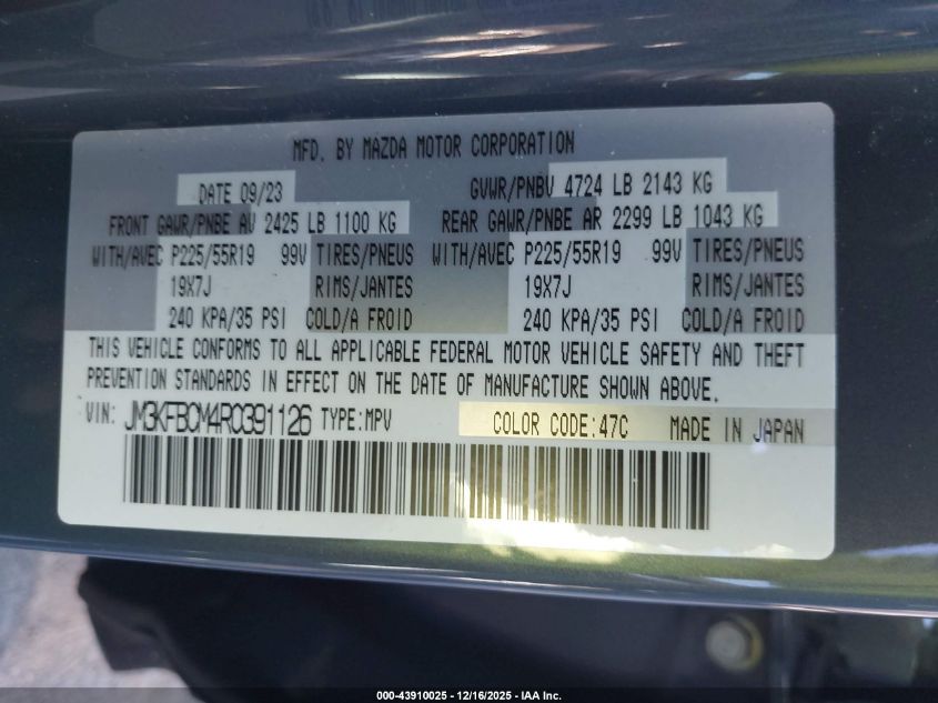 2024 Mazda Cx-5 2.5 S Carbon Edition VIN: JM3KFBCM4R0391126 Lot: 43910025