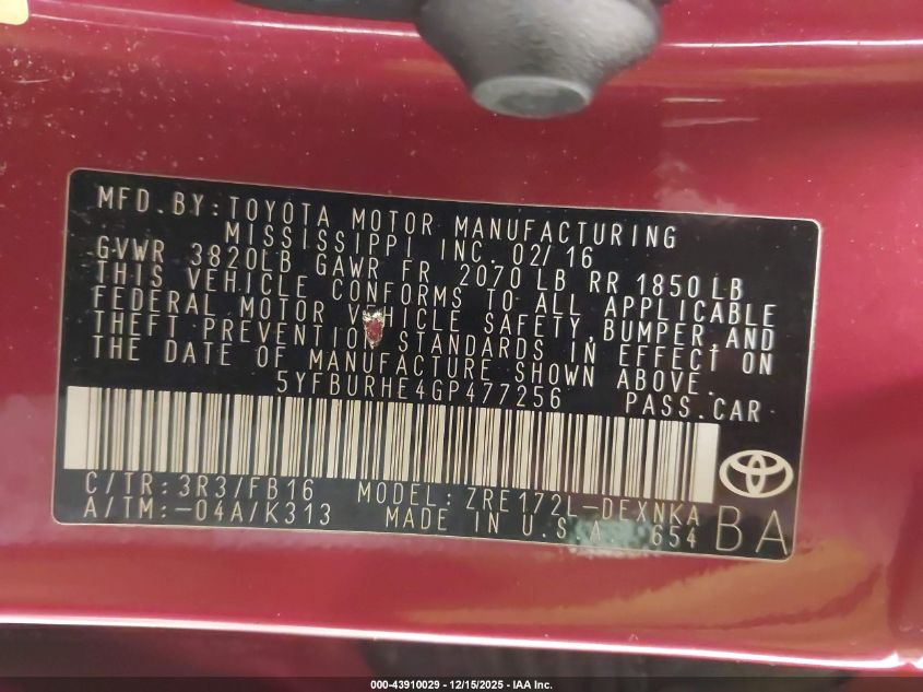 2016 Toyota Corolla Le VIN: 5YFBURHE4GP477256 Lot: 43910029