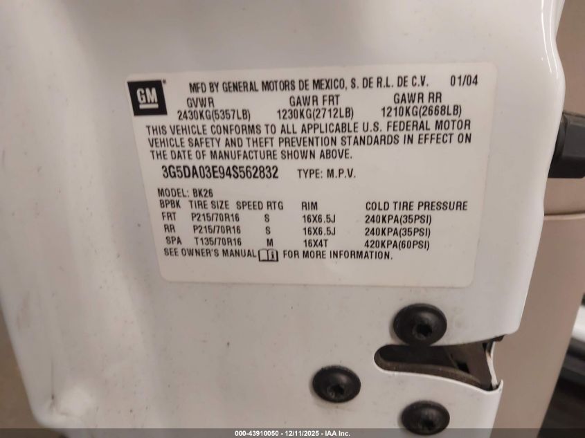 2004 Buick Rendezvous Cx VIN: 3G5DA03E945562832 Lot: 43910050