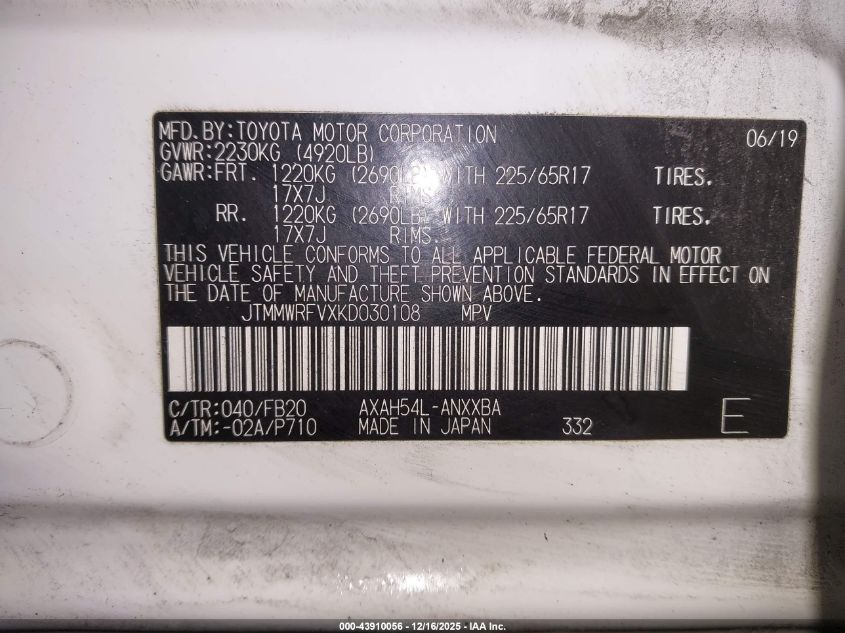 2019 Toyota Rav4 Hybrid Le VIN: JTMMWRFVXKD030108 Lot: 43910056