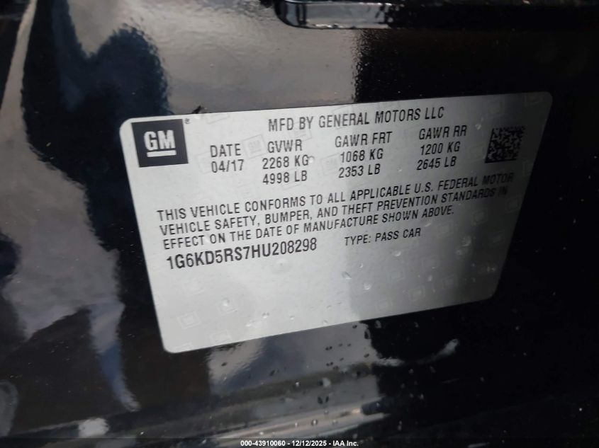2017 Cadillac Ct6 Luxury VIN: 1G6KD5RS7HU208298 Lot: 43910060