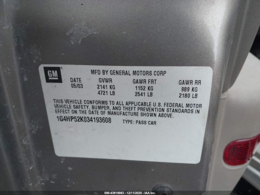 2003 Buick Lesabre Custom VIN: 1G4HP52K034193608 Lot: 43910063