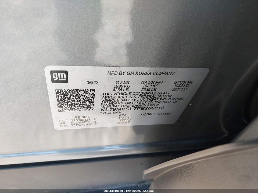 2023 Chevrolet Trailblazer Fwd Activ VIN: KL79MVSL7PB20601 Lot: 43910070