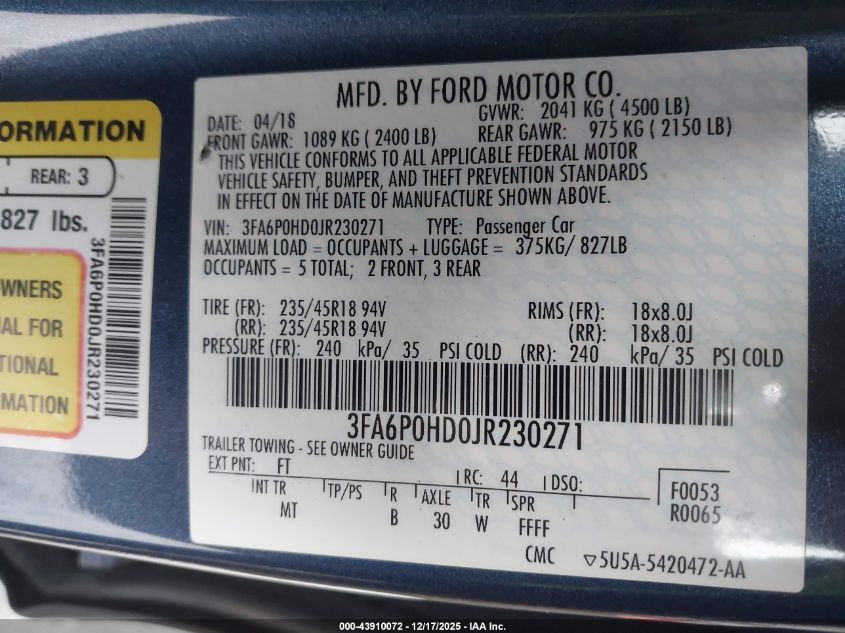 2018 Ford Fusion Se VIN: 3FA6P0HD0JR230271 Lot: 43910072