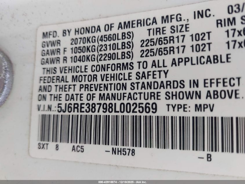 2008 Honda Cr-V Ex-L VIN: 5J6RE38798L002569 Lot: 43910074
