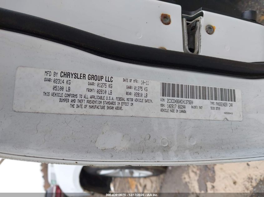 2012 Dodge Charger Se VIN: 2C3CDXBG0CH137920 Lot: 43910075