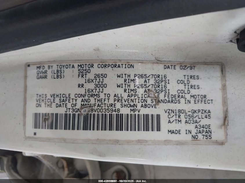 1997 Toyota 4Runner Sr5 V6 Limited VIN: JT3GN87R8V0035948 Lot: 43910087
