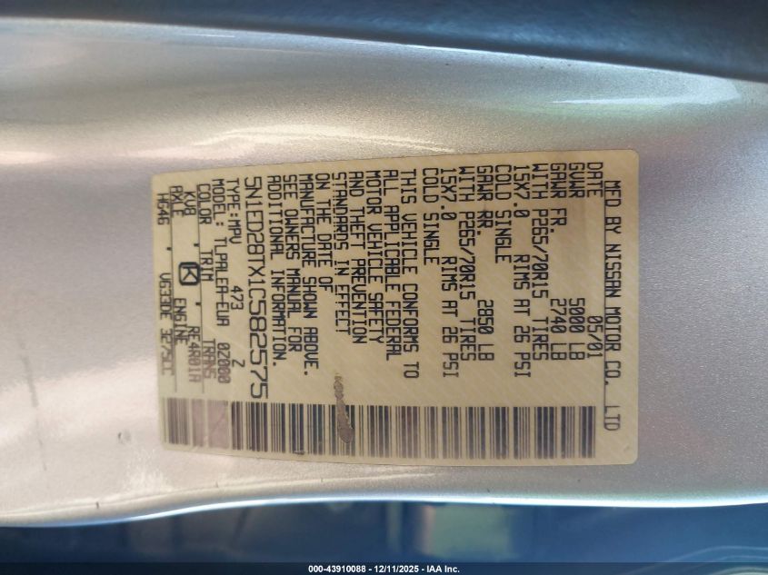 2001 Nissan Xterra Xe-V6 VIN: 5N1ED28TX1C582575 Lot: 43910088