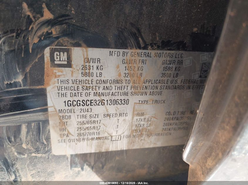 2016 Chevrolet Colorado Lt VIN: 1GCGSCE32G1306330 Lot: 43910093