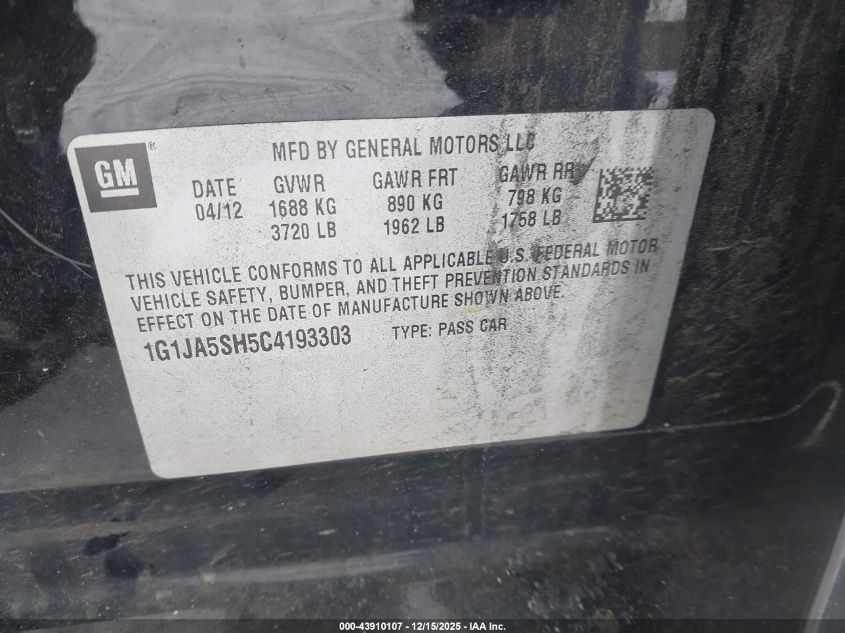 2012 Chevrolet Sonic 2Ls VIN: 1G1JA5SH5C4193303 Lot: 43910107