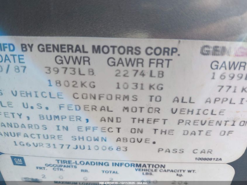 1988 Cadillac Allante VIN: 1G6VR3177JU100683 Lot: 43910115