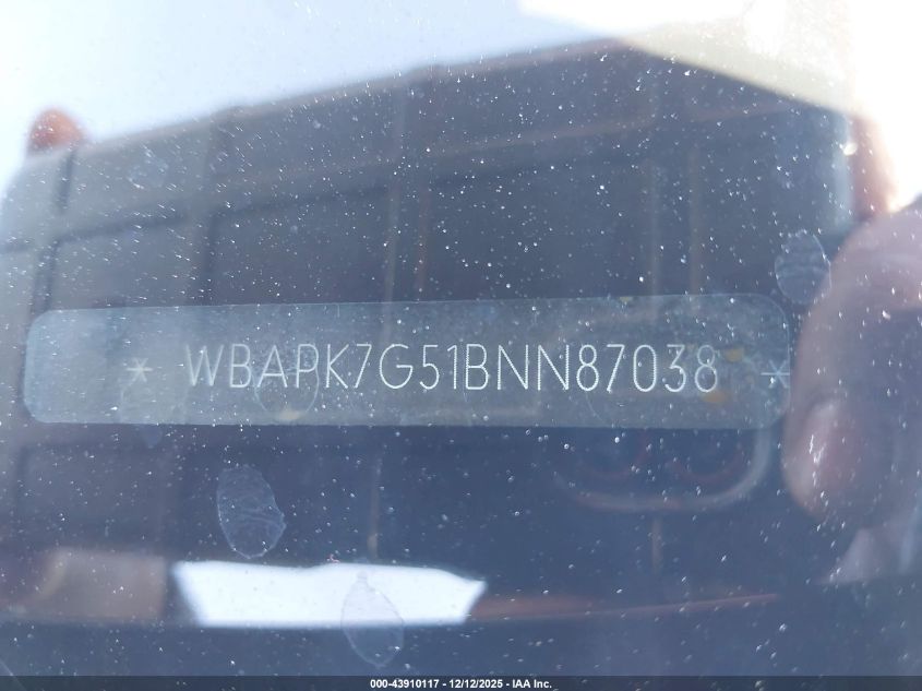 2011 BMW 328I xDrive VIN: WBAPK7G51BNN87038 Lot: 43910117