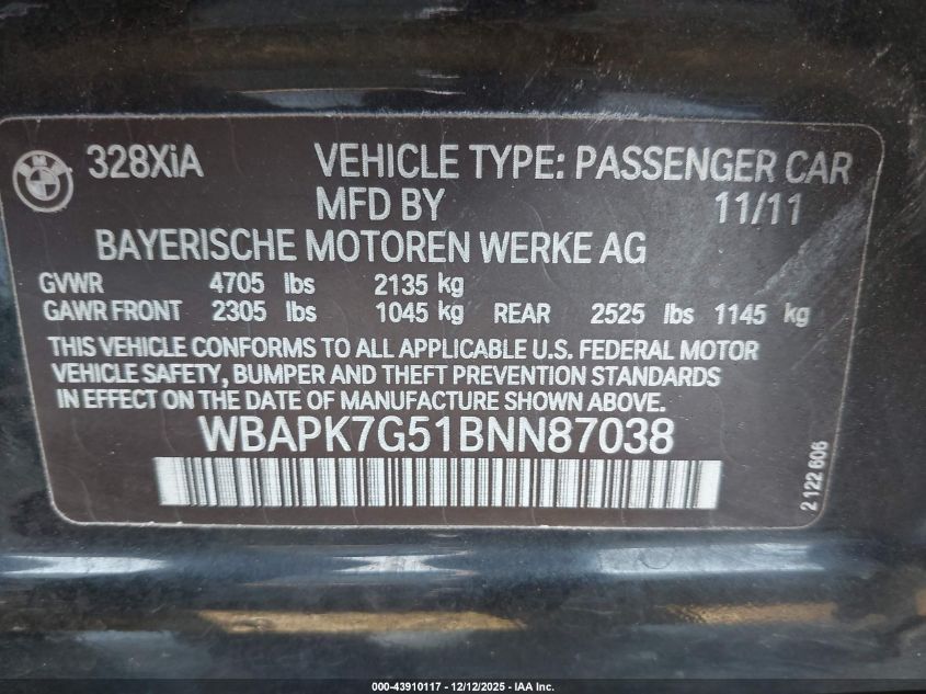 2011 BMW 328I xDrive VIN: WBAPK7G51BNN87038 Lot: 43910117
