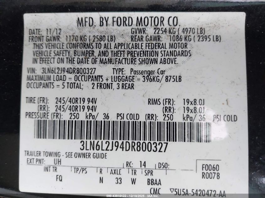 2013 Lincoln Mkz VIN: 3LN6L2J94DR800327 Lot: 43910122