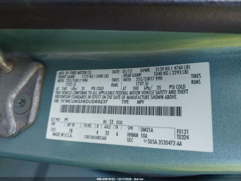 2013 Ford Escape Se VIN: 1FMCU9GX6DUD69237 Lot: 43910123