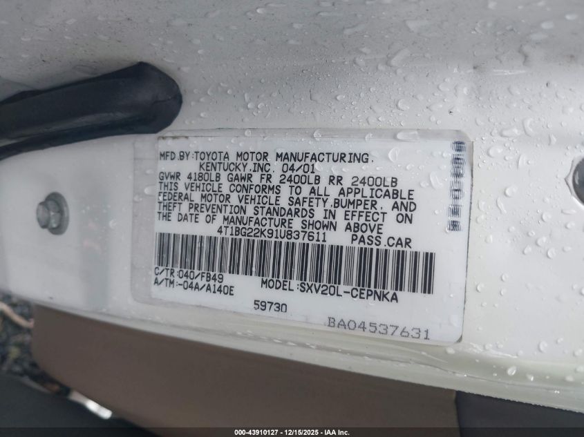 2001 Toyota Camry Le VIN: 4T1BG22K91U837611 Lot: 43910127