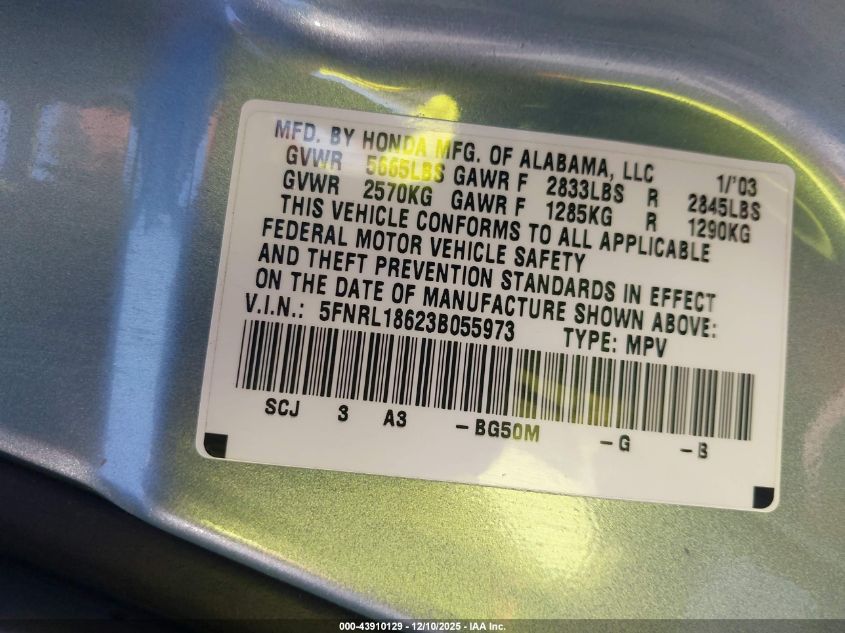 2003 Honda Odyssey Ex VIN: 5FNRL18623B055973 Lot: 43910129