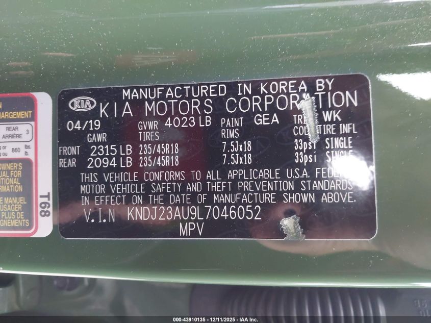 2020 Kia Soul X-Line VIN: KNDJ23AU9L7046052 Lot: 43910135