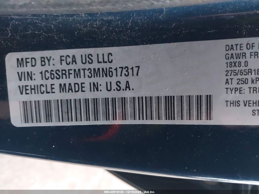 2021 Ram 1500 Big Horn 4X4 6'4 Box VIN: 1C6SRFMT3MN617317 Lot: 43910138