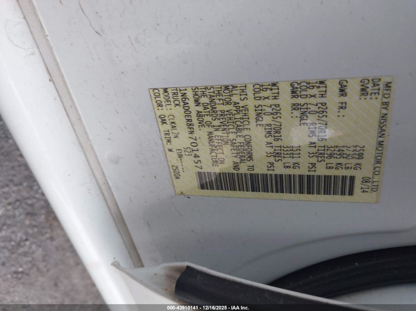 2015 Nissan Frontier Desert Runner/S/Sl/Sv VIN: 1N6AD0ER8FN701457 Lot: 43910141