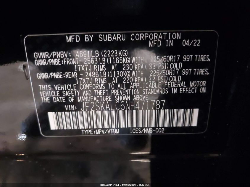 2022 Subaru Forester Wilderness VIN: JF2SKALC6NH471787 Lot: 43910144