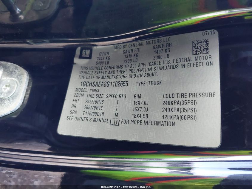 2016 Chevrolet Colorado VIN: 1GCHSAEA8G1102655 Lot: 43910147