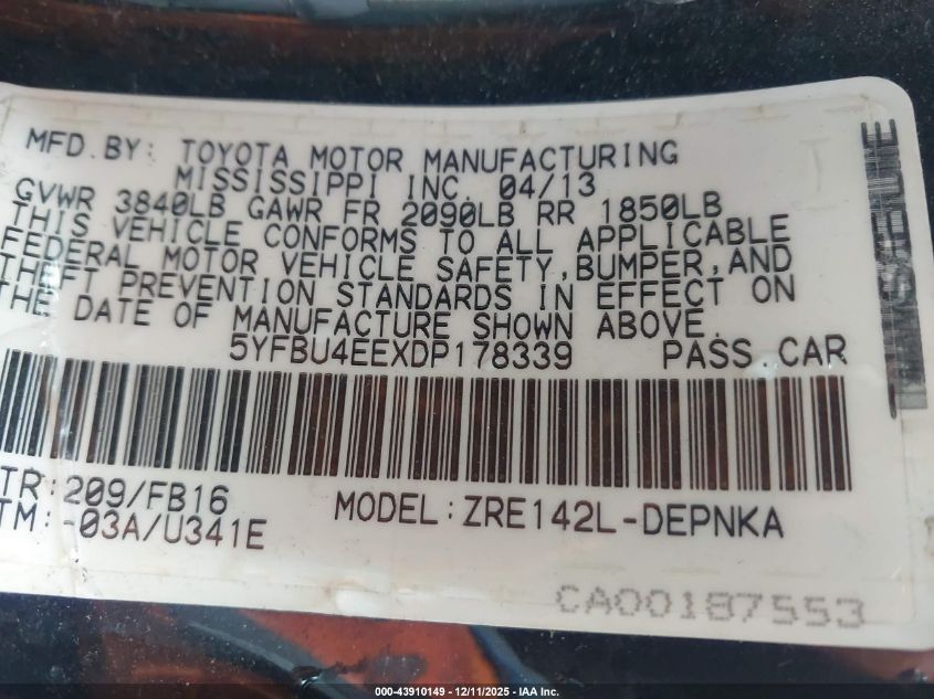 2013 Toyota Corolla Le VIN: 5YFBU4EEXDP178339 Lot: 43910149