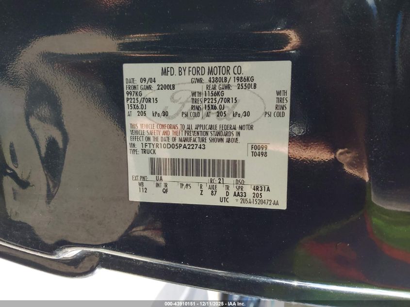 2005 Ford Ranger Xl/Xls/Xlt VIN: 1FTYR10D05PA22743 Lot: 43910151