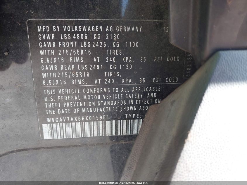 2017 Volkswagen Tiguan 2.0T/2.0T S VIN: WVGAV7AX6HK019951 Lot: 43910153