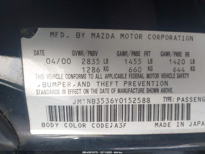 2000 Mazda Mx-5 Miata Ls/Special Edition VIN: JM1NB3536Y0152588 Lot: 43910170