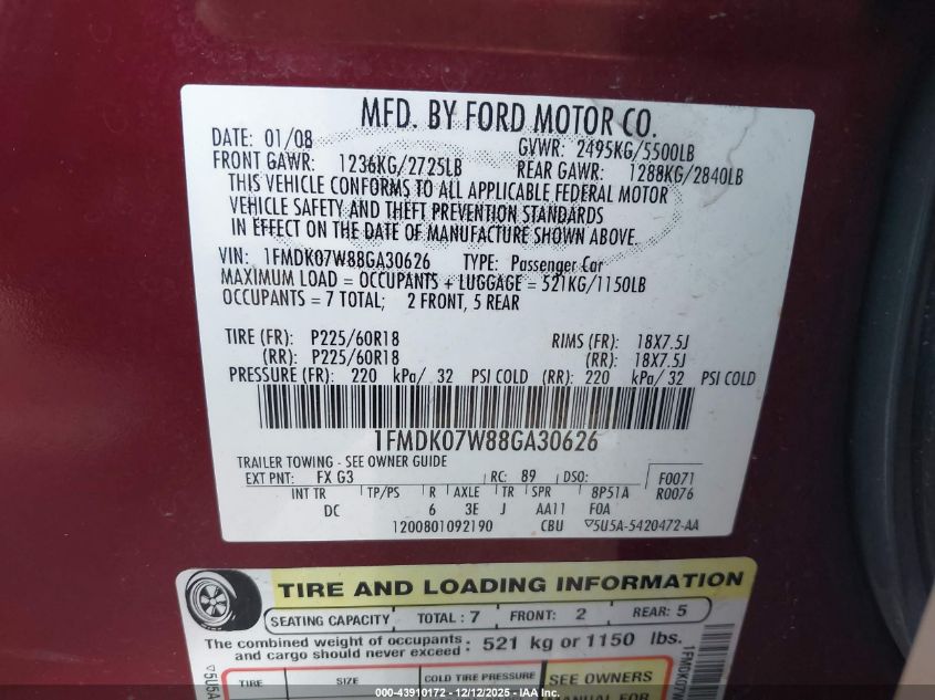 2008 Ford Taurus X Eddie Bauer VIN: 1FMDK07W88GA30626 Lot: 43910172