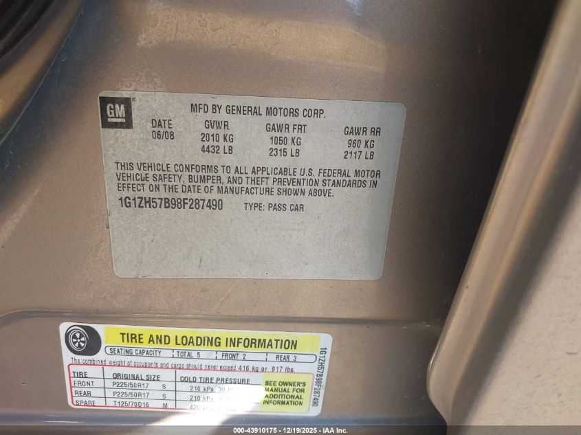 2008 Chevrolet Malibu Lt VIN: 1G1ZH57B98F287490 Lot: 43910175