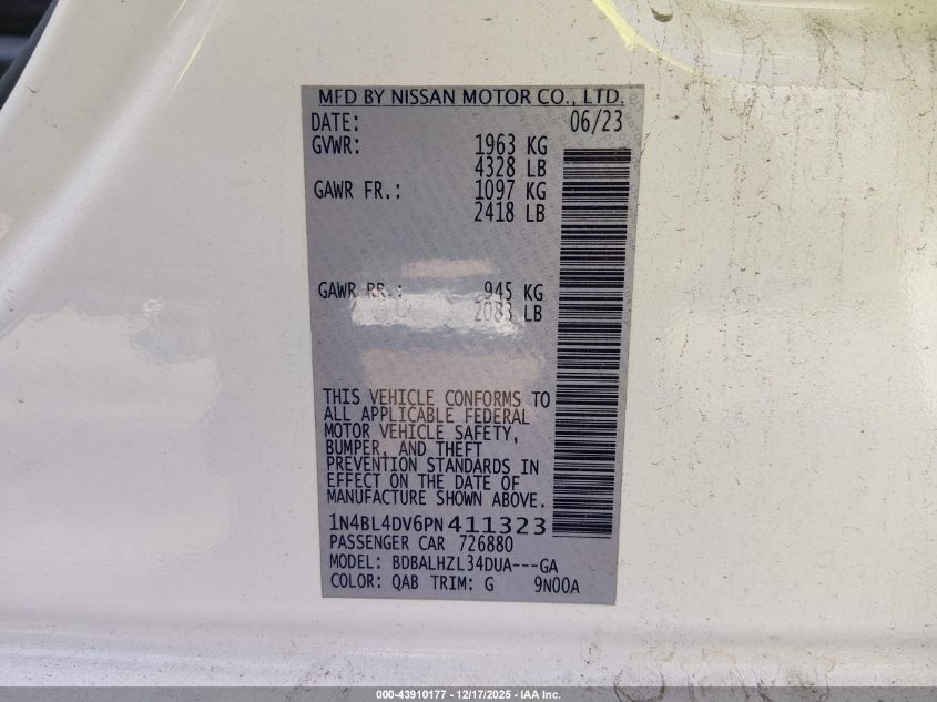 2023 Nissan Altima Sv Fwd VIN: 1N4BL4DV6PN411323 Lot: 43910177