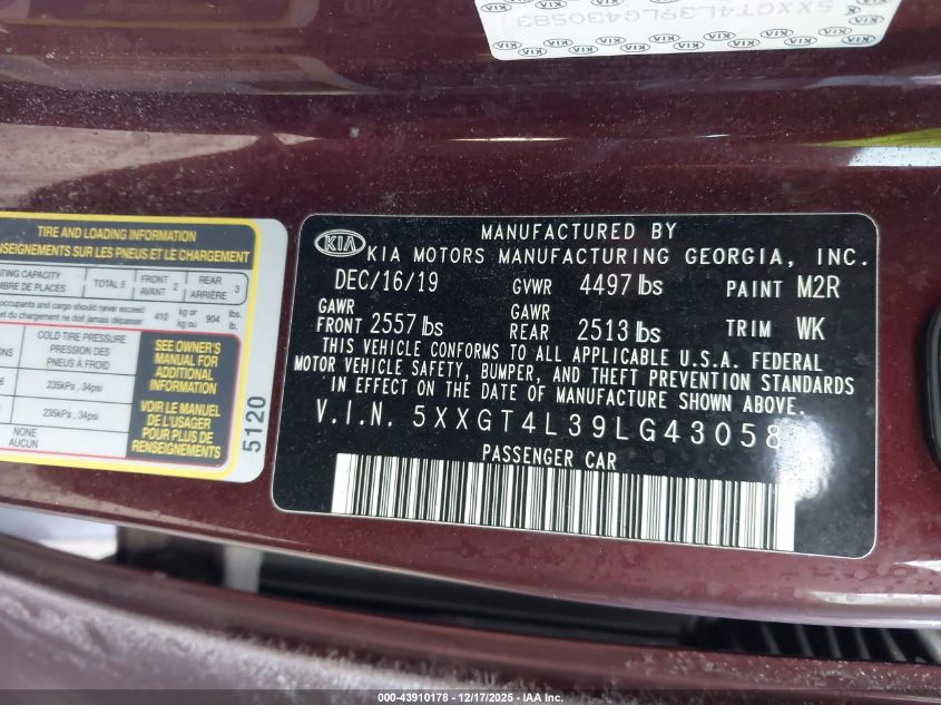 2020 Kia Optima Lx VIN: 5XXGT4L39LG430583 Lot: 43910178