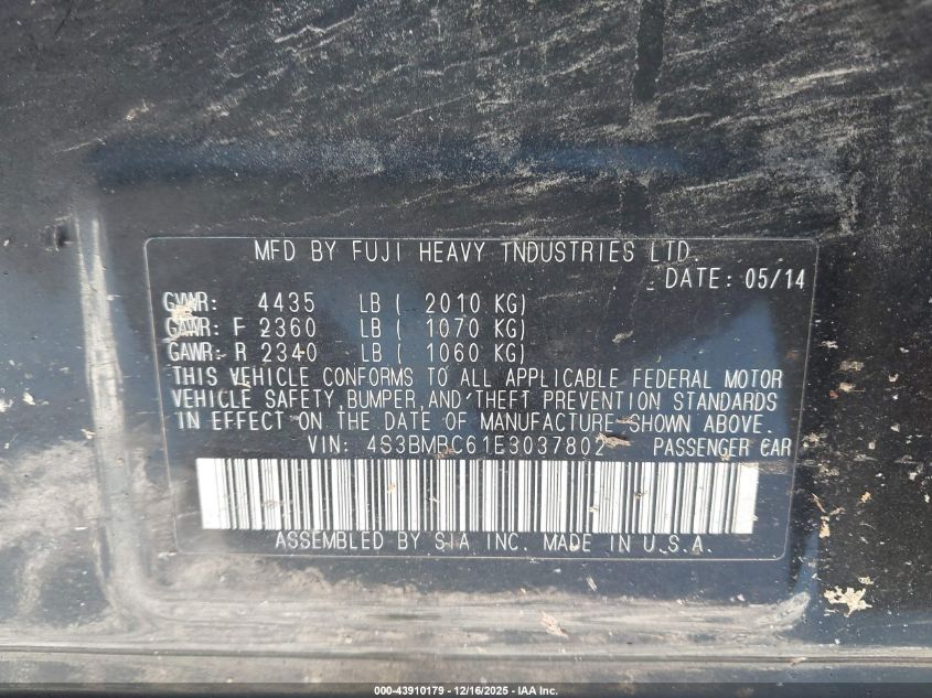 2014 Subaru Legacy 2.5I Premium VIN: 4S3BMBC61E3037802 Lot: 43910179