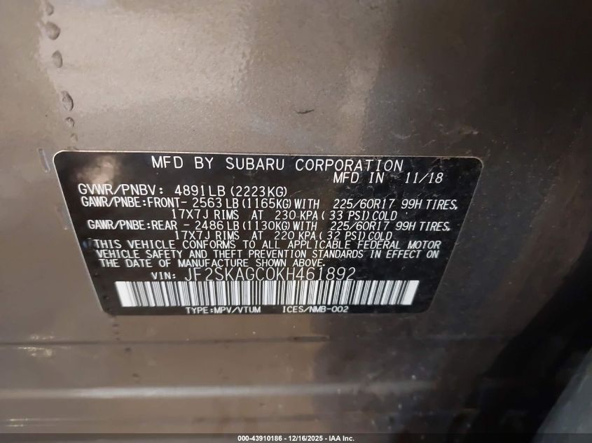 2019 Subaru Forester Premium VIN: JF2SKAGC0KH461892 Lot: 43910186