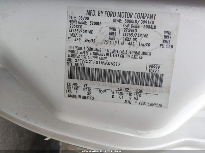 2001 Ford F-250 Lariat/Xl/Xlt VIN: 3FTNX21F01MA06217 Lot: 43910190
