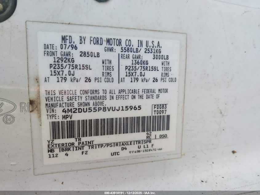 1997 Mercury Mountaineer VIN: 4M2DU55P8VUJ15965 Lot: 43910191