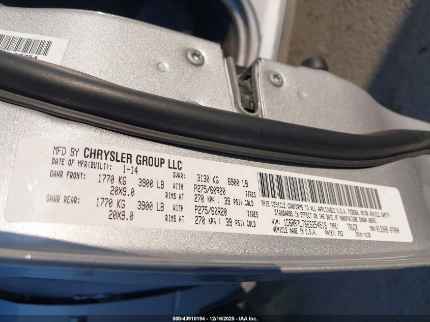 2014 Ram 1500 Big Horn VIN: 1C6RR7LT6ES254519 Lot: 43910194