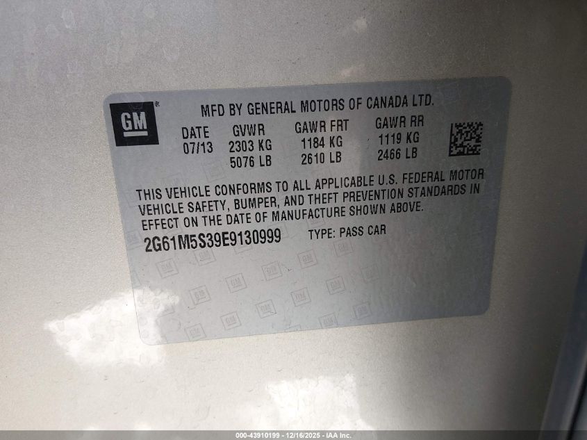 2014 Cadillac Xts Luxury VIN: 2G61M5S39E9130999 Lot: 43910199