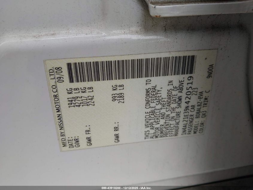 2009 Nissan Altima 2.5 S VIN: 1N4AL21E39N420519 Lot: 43910200